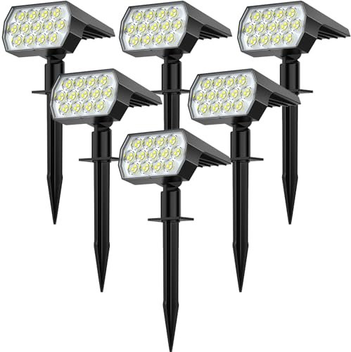 LANSOW 6 Pezzi Faretti Solari a Led da Esterno, 52LED Lampade Solari da Giardino Potenti, 3 Modalità IP65 Impermeabile Faretto LED da Esterno Solare per Cortile, Vialetto, Alberi (Bianco Freddo)