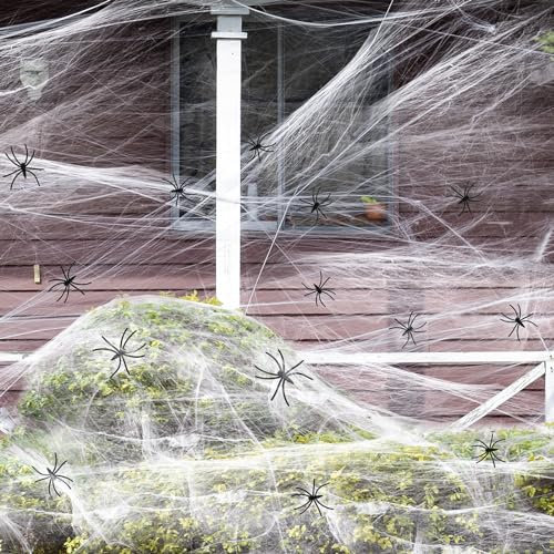 NHOWIN 200g Spinnennetz Halloween Deko Outdoor Innen mit 30 Plastik Spinne, Dehnbare Halloween Spinnennetz Deko Kann 1800 Quadratmeter, Spinnenweben Partyzubehör für Spukhaus, Garten, Decke, Fenster