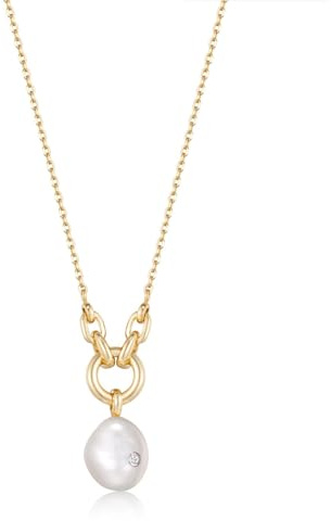 ANIA HAIE Damen Halskette Pearl Power aus 925 Sterling Silber 14k vergoldet, besetzt mit einem Zirkonia und Einer Süßwasserperle, Größe: 45 cm + 5 cm Verlängerung, inkl. Geschenkverpackung
