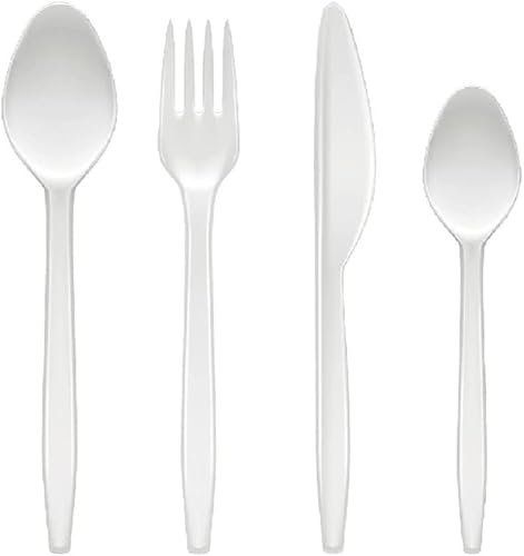 Pack of 80 Reusable White Cutlery Set [ 20 Spoons, 20 Forks, 20 Knives Set, 20 Teaspoons ] Perfect for Birthday Parties Buffets Picnics BBQ's Weddings Camping