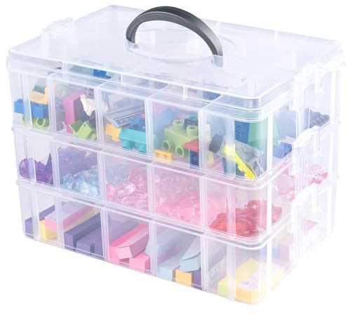 Anstore Stapelbare Aufbewahrungsbox mit Fächern, Verstärkte 3-Ebenen Klarer Kunststoff Aufbewahrungsbox mit Deckel, Praktische Sortierbox für Handarbeiten, Schmuck, Spielzeug, Bausteine, Nähzubehör