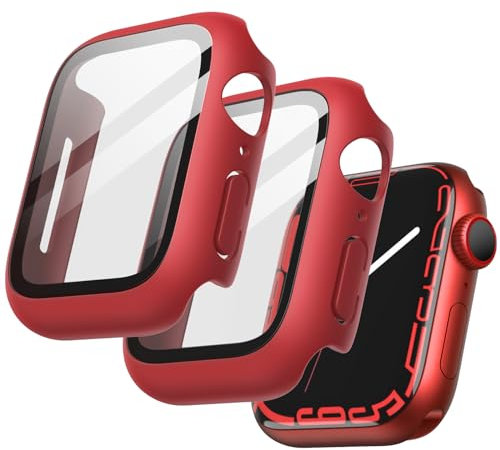 JETech Cover con Pellicola Protettiva per Apple Watch Series 9 8 7 45 mm, Custodia Protettiva Complessiva, Pellicola Integrata in Vetro Temperato ad Alta Sensibilità, 2 Pezzi (Rosso)