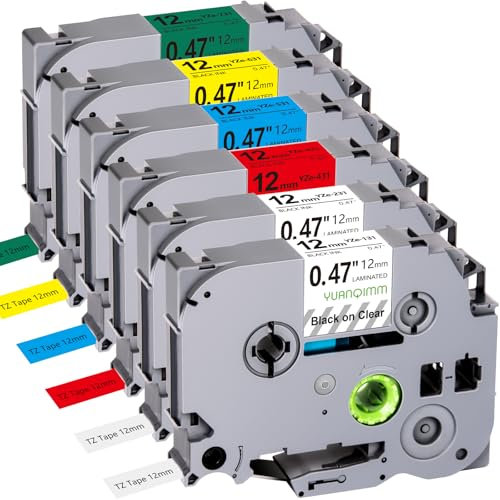 6x Yuanqimm Kompatibel für Brother P-Touch Bänder 12mm TZe-231 TZe-131 TZe-431 TZe-531 TZe-631 TZe-731 Tz Tape 12mm 0,47 Laminiert Schriftband für Ptouch PT-H105 H107 H101 H110 H200 PT-D400 CUBE