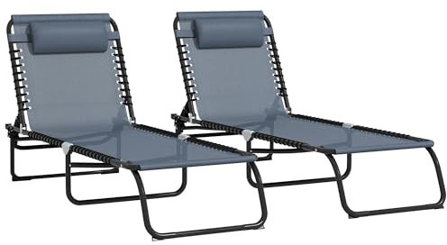 Outsunny 2 Piece Foldable Sun Loungers, Outdoor 4 Level Adjustable Backrest Reclining Chaise Chairs, Steel Frame Recliner Chair for Camping, Hiking, Grey
