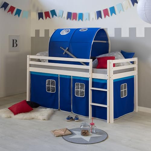Homestyle4u Kinderbett 90 x 200 Weiß Blau Hochbett mit Treppe Lattenrost Vorhang Tunnel Bettgestell Holz Kiefer Kinderzimmer