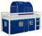 Homestyle4u Kinderbett 90 x 200 Weiß Blau Hochbett mit Treppe Lattenrost Vorhang Tunnel Bettgestell Holz Kiefer Kinderzimmer