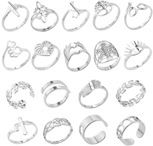 Hifot 18 Stück Verstellbare Ringe für Damen Mädchen Vintage Silber Ringe Punk Stapelbare Knuckle Ringe Totenkopf Hug Stern Unendlichkeit Moon Offener Fingerringe für Geburtstagsfeiern Abschlussbälle