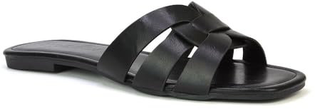 Women's Flat Slide Sandals Ladies Casual Slip On Strap Slip On Black Synthetic Leather Shoes Size 4
