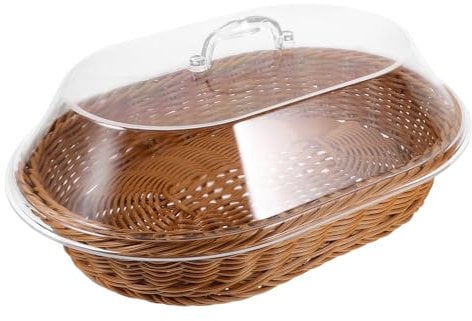 PRETYZOOM Rattan Bread Basket with Lid, Tabletop Food Serving Basket Wicker Fruit Basket Rectangle Serving Tray Platter for Vegetable Restaurant Display Kitchen Party 36cm