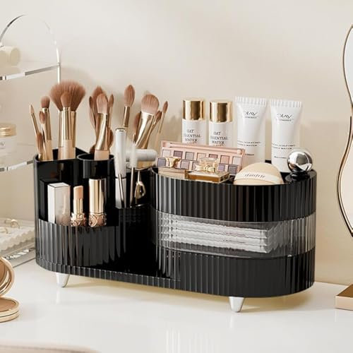 FIKAXTOY Um 360 Grad drehbarer Make-up-Organizer für Schminktisch, 3 Ebenen, Kosmetik-Organizer mit Make-up-Pinselhalter, großer drehbarer Make-up-Kosmetik-Hautpflege-Organizer für Kosmetik,