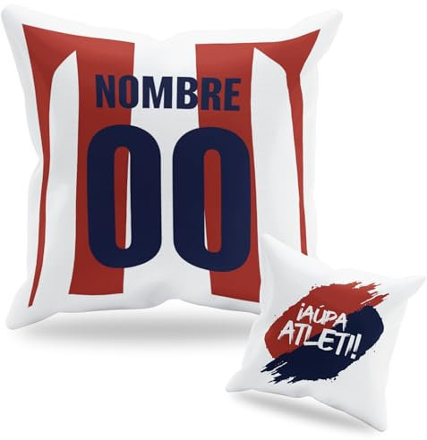Cojín Personalizado Fútbol - Diseño Doble Cara con Relleno Incluido - Regalo Original Aficionados del Fútbol - Regalo Camiseta Equipo Fútbol - Apto para Lavadora (A. Madrid, 35 x 35 cm)