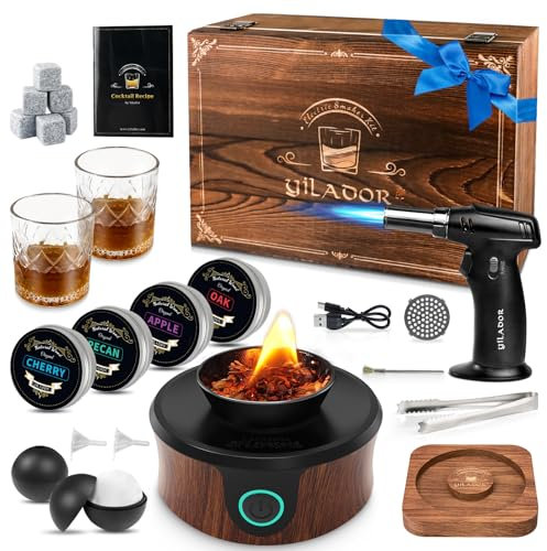 Electric Whiskey Smoker Kit with Wooden Box, 4 Wood Chips, Torch, Ice Molds, 2 Glasses, Stones, Old Fashioned Bourbon Cocktail Smoker Infuser Kit, Whiskey Gifts for Father, Men, Husband (No Butane)