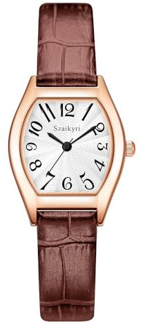 Szaikyri Rechteck Damenuhr mit Arabischen Ziffern Zahlen Damenkleiduhr Armbanduhr Damen (Brown-Rosegold)