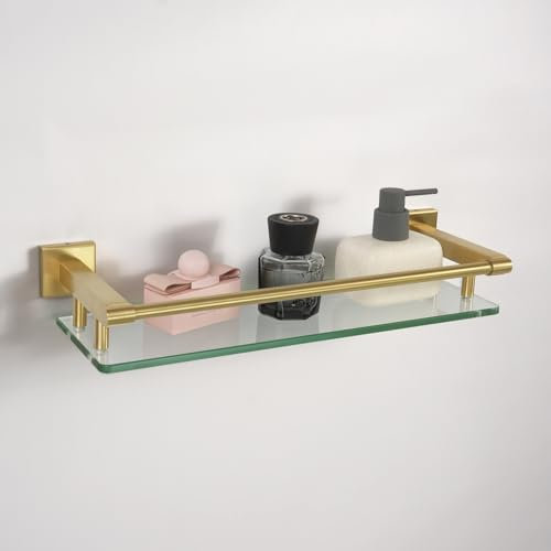 16 Inch Brusheld Gold Bathroom Glass Shelves with Stainless Steel Railing, Tempered Floating Glass Modern Decoration Bathroom Shelf Sink Over Toilet