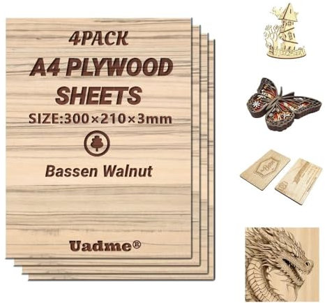 Uadme Sperrholzplatte 3mm A4, Lasergravur Rohlinge Holz, 4 Stück Unbehandeltes Holz für Lasergravur, CNC-Schneiden, Bastelmalerei, Modellierung, Gravierte Heimdekoration(Bassen Walnussholz)