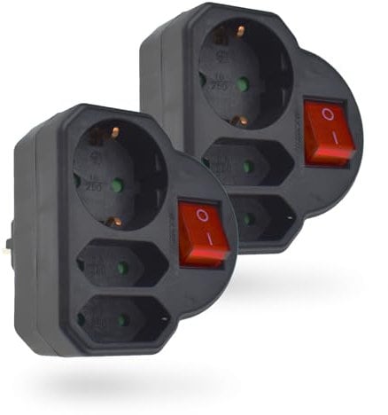feletec 3-fach Steckdosenadapter 1x Schuko, 2x Euro, schwarz, mit Schalter, 2 Stück, Mehrfachstecker, Mehrfachsteckdose