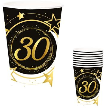 FIESTAS GUIRCA | 6 Gobelets Jetables de 30 Ans (240 ml) (9 cm) - Décoration de Table pour Fêtes - Idéal pour Célébrations et Événements - Noir, Or, Blanc