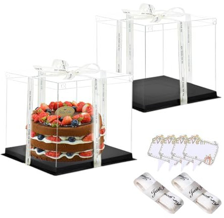 Vebetter 2 Stück Tortenbox Tortenschachtel Tortenkarton 26 * 26 * 24cm Cake Box Transparent Torten Transportboxen Geschenkbox Durchsichtig mit Schwarz Sockel, Band, kleine Karte für Geburtstag Dessert