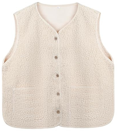 Risipu Damen Sherpa Weste Casual Warm Fuzzy Faux Shearling Weste ärmellos Fleece Jacke Taschen Teddy Mantel Gilet für Winter (DE/NL/SE/PL, Alphanumerisch, S, Regular, Regular, Beige)
