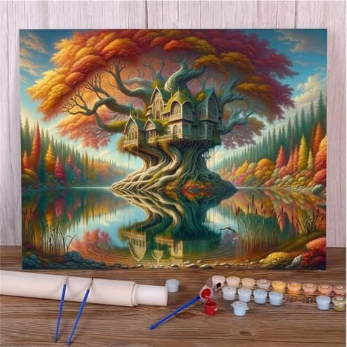 Malen Nach Zahlen Erwachsene,mit Rahmen DIY Baumhaus Handgemalt Ölgemälde Set mit Pinsel und Acrylpigment Paint by Numbers Hause Dekoration Verwendet Werden - 55x70cm