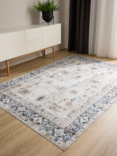 benuta Basic Waschbarer Teppich George - Creme/Grau 200x300 cm - Kunstfaser - Rechteckig & im Style: Vintage, Elegant, Retro - Pflegeleicht für Wohnzimmer Schlafzimmer