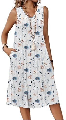 Zeagoo Ladies Summer Dresses Casual Sundresses Elegant Sun Dresses for Women UK Floral Beach Dress V Neck Tank Dress with Pocket Flower White L