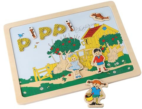 PIPPI LANGSTRUMPF Magnettafel Kinder mit Buchstaben und Zahlen, doppelseitige Magnet Tafel Kind aus Holz, Lernspiele ab 3 Jahre, Holzpuzzle zum Lernen und Spielen, offiziell lizenziert aus Schweden