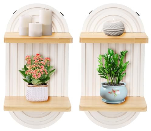 2 Stück Wandregal Holz Boho Wanddeko, Wandregal Kinderzimmer, 18x12x34.5CM Doppelschichtig Holz Wanddeko Schlafzimmer, Klein Pflanzregal, Wand Deko Schweberegal für Wohnzimmer Balkon Flur (Weiß)