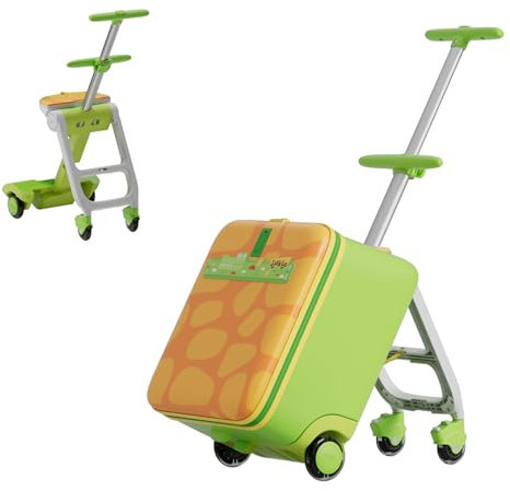 Jovikids Kinderkoffer zum Draufsitzen, 3 in 1 32L Trolley Kinder mit Teleskopstange und 4 Rollen, Reisekoffer Kinder, Faltbar und abnehmbar, mehrere Fächer (Grün)