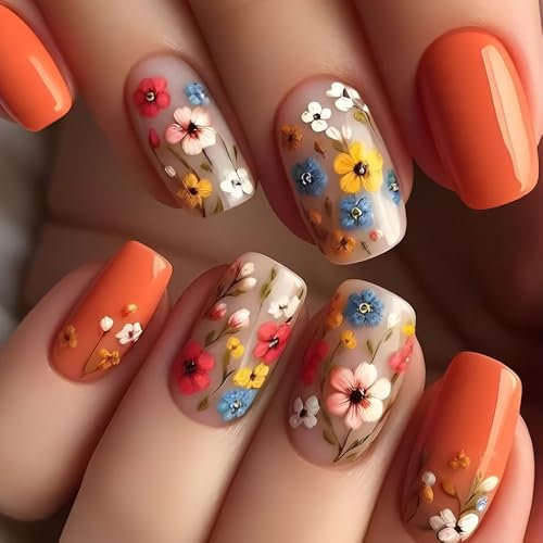 Auiremrti 24 pièces ongles à presser avec motif floral, courts, carrés pour le printemps, moyens oranges, ongles artificiels avec design floral, couverture complète