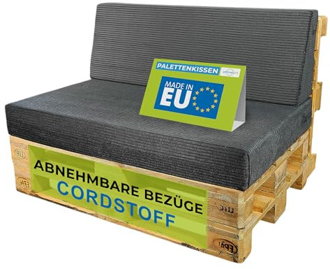 Pillows24 - Palettenkissen 2-teiliges Set aus Cordstoff | Sitzkissen & Rückenkissen für Europaletten 120x80 | Weiche Palettenauflage für Wohnzimmer, Garten oder Balkon | Made in EU | Graphit