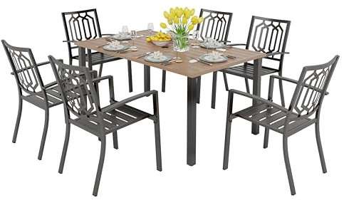 PHI VILLA Gartenmöbel Set 6 Stühle mit Tisch Metall Stapelbare Stühle Platz Sparen 152x91x73cm Teakfarbener Garten Esstisch mit 4cm Schirmloch Terrasse Balkon Gartengarnitur Wetterfest