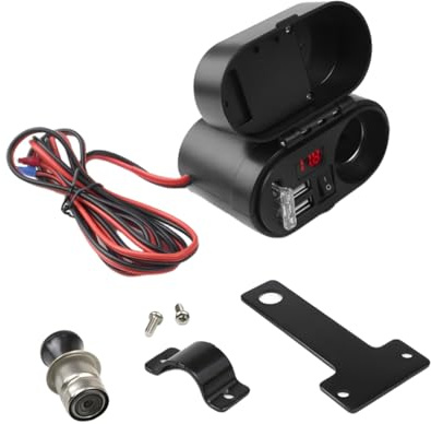 Ankuee 5V/3A Dual USB Charger Socket 4 in 1 Motorcycle Handlebar Clamp Power Adapter Charger with Clock Cigarette Lighter Socket & Voltmeter Motorcycle Charging Accessories for Cell Phone GPS