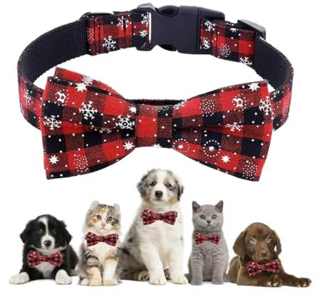 Weihnachtshalsband für Katzen und Hunde, Weihnachtshalsband, Weihnachten Hundehalsband Einstellbar, Halsbänder mit Fliege Weihnachts, Kariertes Kostüm Hundehalsband, für Katzen und Welpen (XL)