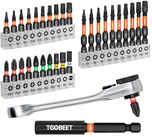 Toobeet Impact Multi Schraubendreher Bits Set, 32tlg. Magnetischen S2-Stahl (Torx/PH/PZ/SL/Hex) Schlagfeste Schrauber Bitsatz für Schlagwerkzeuge mit 1 Mini-Ratschenschlüssel und 1 langer Bithalter