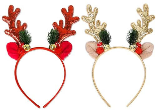 Haarreif Weihnachten Stirnbänder ,2 StüCk Weihnachts Rentier Geweih Haarreif Kopfschmuck für Kinder Erwachsene, Glitzer Hirschgeweih Haarreifen Stirnband mit Ohren für Weihnachtsfeiern Cosplay Haarsch