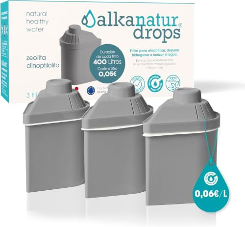 Pack 3 Filtres Zéolite Alkanatur 400L Eau Alcaline Sans BPA | Zéolite Clinoptilolite Naturelle Eau Alcaline 400 Litres Élimine Chlore Métaux Lourds Sans BPA Fabrication Espagnole