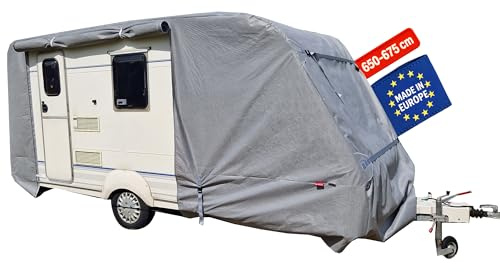 POLCOVER Abdeckplane für Wohnwagen | UV-resistente Wetterfeste Wohnmobilabdeckung | Langlebig Schutzhülle Atmungsaktive | 5 Schicht Wohnwagenplane 675 x 250 x 225 cm (EU-Version)
