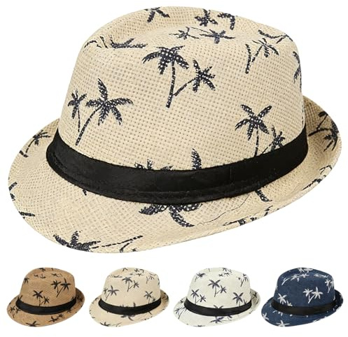 AUNGCSHE Strohhut Herren, Panama Hut Herren, Sommer Strand Sonnenhut mit Palmen Print, 58 Größe Unisex Strohhut für die Meisten Menschen Geeignet, Strandurlaub, Gartenarbeit, Sommerpartys(Beige)