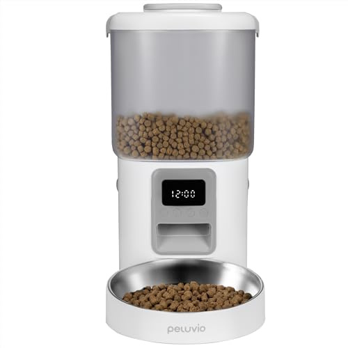 Peluvio Crispy Futterautomat Katze mit Timer, ohne App | Katzenfutterautomat für Trockenfutter, LCD Display, Edelstahl Napf, 2 Feuchtigkeitsabsorber, 4 Mahlzeiten, 10 Portionen, 4,5
