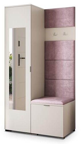 Masseno Flugarderoben Set VIRA, Kleiderschrank-Set mit Spiegel und Sitzbank, Garderobenschrank Flur mit 3 Regalböden, Kaschmir