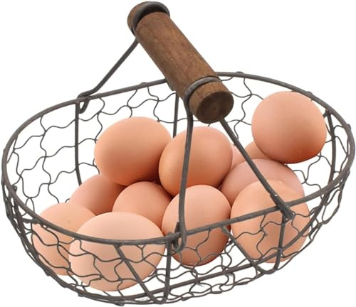 Cesto portauova in ferro, cestino per uova di gallina, rustico con manico in legno, cestino portaoggetti da picnic con design rustico, contenitore decorativo per 12 uova, per cucina e sala da pranzo