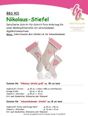 BBS 401 Schnittmuster für Nikolaus-Stiefel - mit Fotoanleitung bettinabruder®