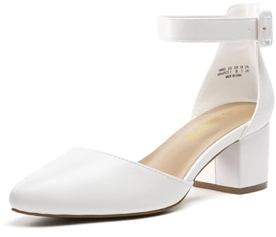 DREAM PAIRS Womens Low Mid Block Heels Mary Jane Ladies Ankle Strap Court Shoes Sandals Annee White Pu Size 7.5 US/ 5.5 UK