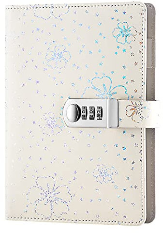 NectaRoy PU Leder Zahlenschloss Tagebuch Schreiben Notebook Planer Organizer, Blumen und Sterne Muster Passwort Tagebuch Notizblock mit Stift halter, Größe 210x145mm