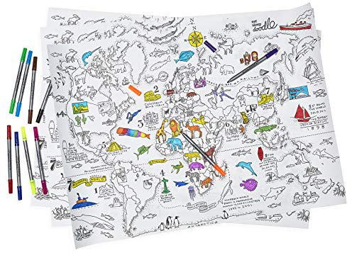 eatsleepdoodle Geschenkpapier zum Ausmalen mit Weltkarte, 3 große Bögen zur Verwendung als pädagogische Ausmalaktivität oder Geschenkpapier, Weltkarte zum Ausmalen