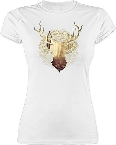 Shirt Damen - Kompatibel mit Oktoberfest - Hirsch Motiv Geschenk Jäger I Hirschgeweih Tracht - XL - Weiß - trachtentshirts trachtenshirt bayrische Jaeger Tshirt trachtenoberteile Trachten t Shirts