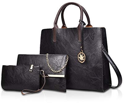 NICOLE&DORIS Sac à Main en Cuir 3 pièces sacoches Sac fourre-Tout Cuir pour Dames + bandoulière + Porte-Monnaie Noir