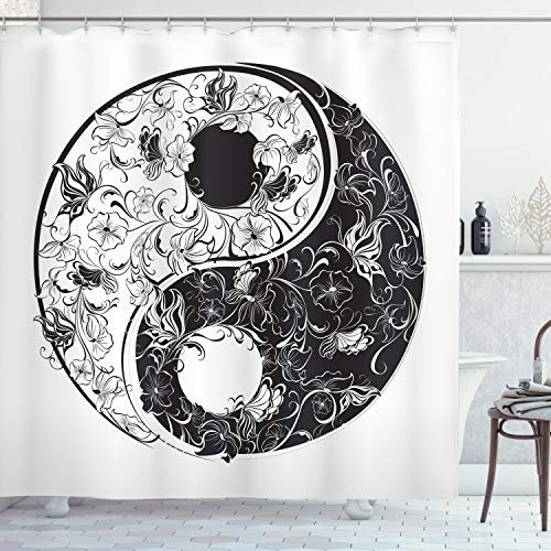 ABAKUHAUS Yin Yang Duschvorhang, floral Ornamentik, Stoffliches Gewebe Badezimmerdekorationsset mit Haken, 175 x 200 cm, Dunkle Taupe und Weiß