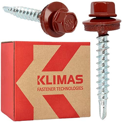 KLIMAS Selbstschneidende Trapezblechschrauben 4,8 x 35 mm RAL3009 250 Stück | Edelstahl Dachblech Selbstbohrende Schrauben Bohrspitze & Dichtung Bohrschrauben Dachschrauben Dichtscheibe Verzinkte
